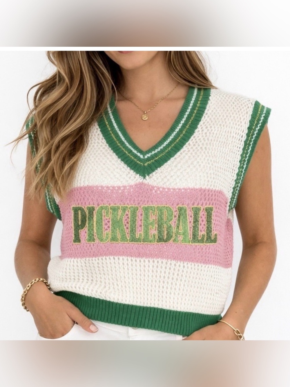 GRACE+EMMA Pickleball Sweater Vest sz L Green Pink V Neck Gold Metallic Accents